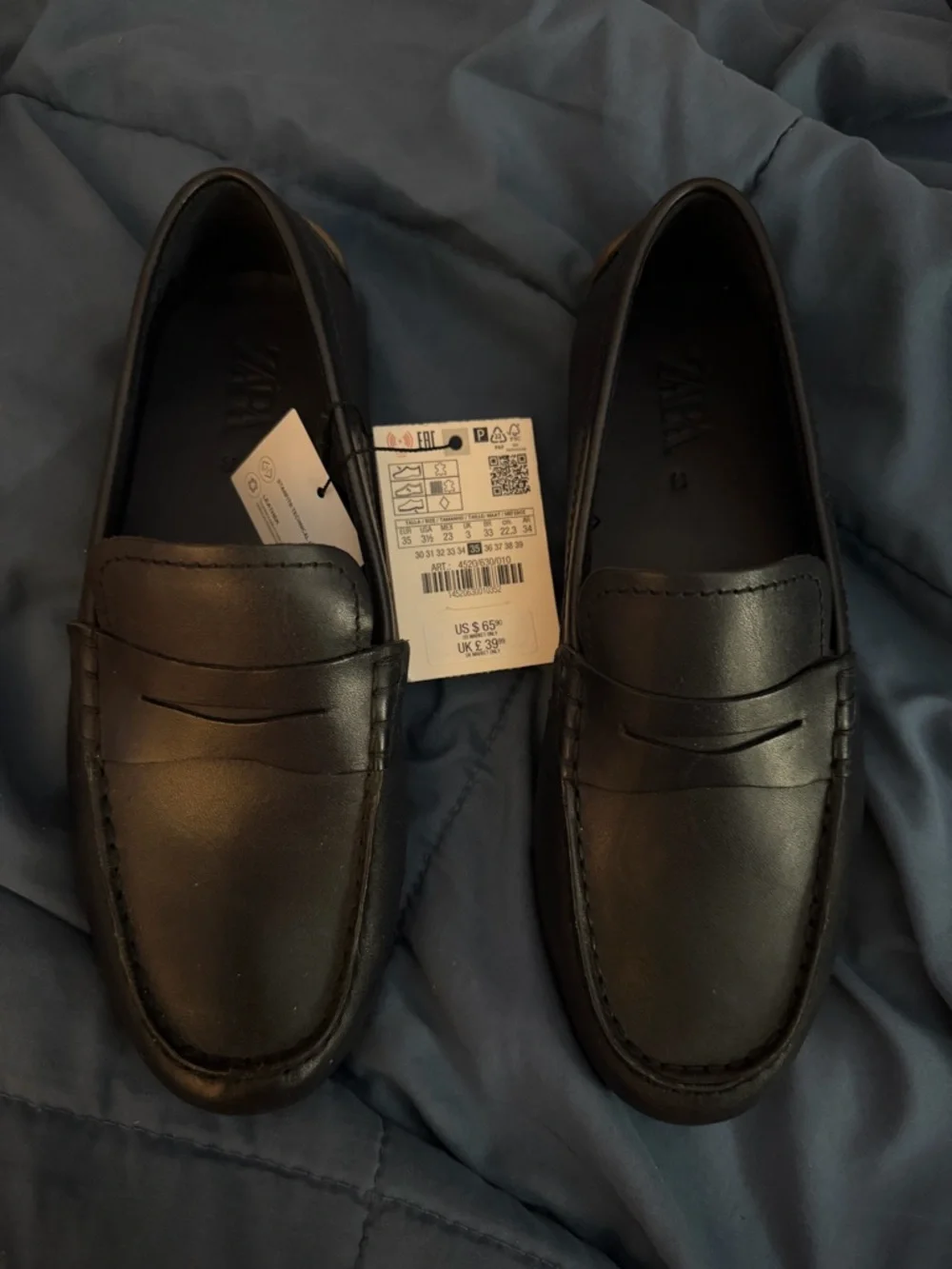 ZARA Men's Black Leather Slip-On Penny Loafers